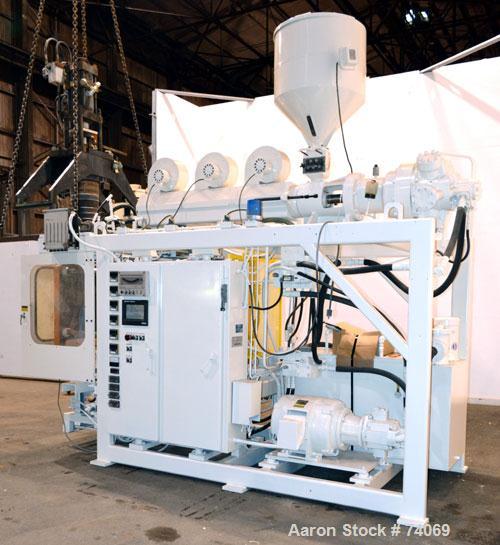 Used Hayssen Econoblow Blow Molding Machine, Model 75-S-2500. 5 lb FIFO accumulator head with programmable controls and MOOG parison programming. Also equipped with a part take away device and a bott...