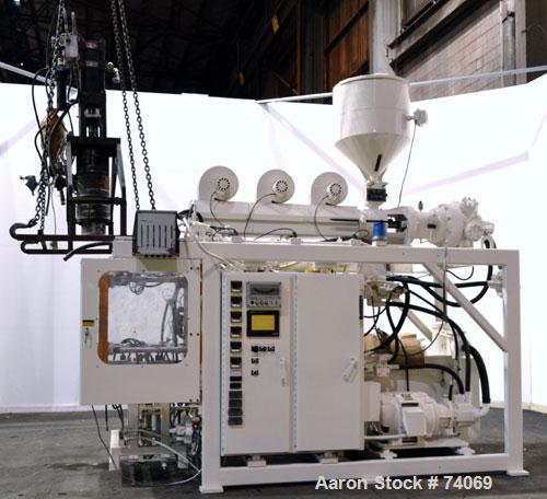 Used Hayssen Econoblow Blow Molding Machine, Model 75-S-2500. 5 lb FIFO accumulator head with programmable controls and MOOG parison programming. Also equipped with a part take away device and a bott...