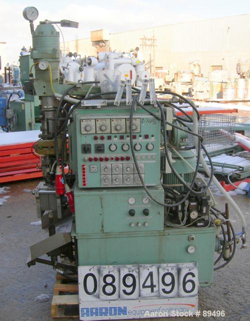 USED: Hesta blow molding machine, model B33. Approximate 33 mm screwdiameter, approximate clamp 180 mm x 225 mm, approximate 200-350pieces an hour cycle time. Driven by a 7.5 kw (10 hp), 3/50/380 vol...