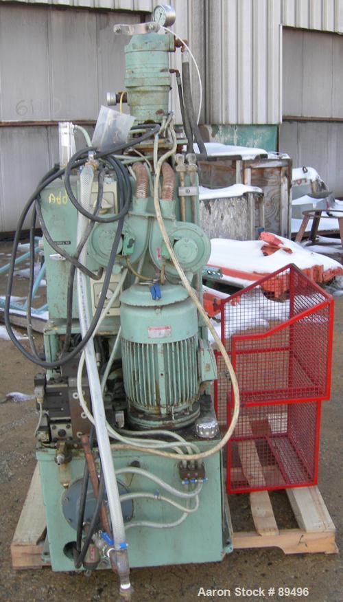 USED: Hesta blow molding machine, model B33. Approximate 33 mm screwdiameter, approximate clamp 180 mm x 225 mm, approximate 200-350pieces an hour cycle time. Driven by a 7.5 kw (10 hp), 3/50/380 vol...