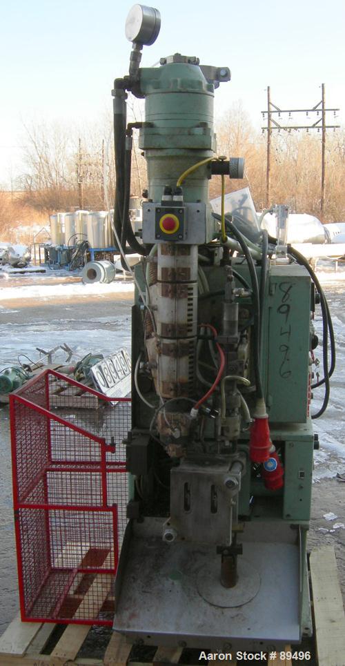 USED: Hesta blow molding machine, model B33. Approximate 33 mm screwdiameter, approximate clamp 180 mm x 225 mm, approximate 200-350pieces an hour cycle time. Driven by a 7.5 kw (10 hp), 3/50/380 vol...