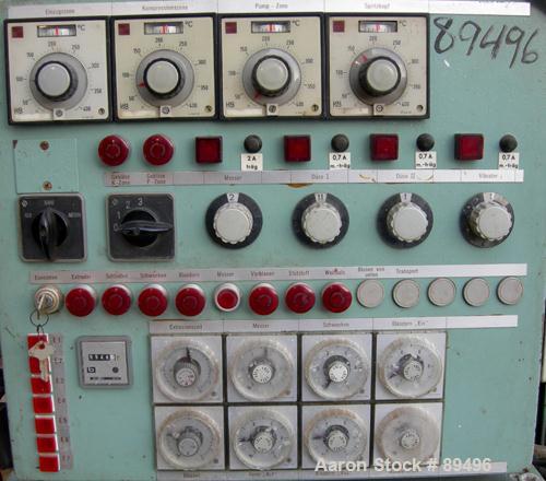 USED: Hesta blow molding machine, model B33. Approximate 33 mm screwdiameter, approximate clamp 180 mm x 225 mm, approximate 200-350pieces an hour cycle time. Driven by a 7.5 kw (10 hp), 3/50/380 vol...