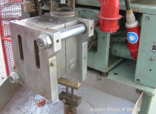 USED: Hesta blow molding machine, model B33. Approximate 33 mm screwdiameter, approximate clamp 180 mm x 225 mm, approximate 200-350pieces an hour cycle time. Driven by a 7.5 kw (10 hp), 3/50/380 vol...