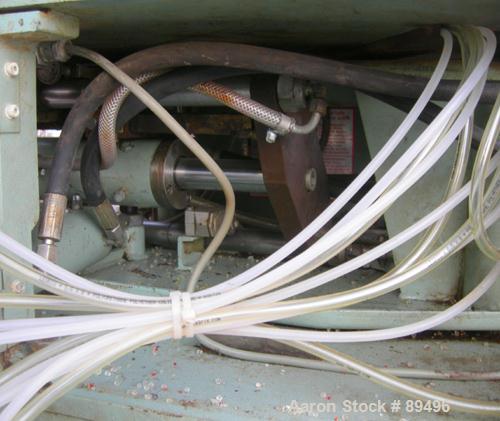 USED: Hesta blow molding machine, model B33. Approximate 33 mm screwdiameter, approximate clamp 180 mm x 225 mm, approximate 200-350pieces an hour cycle time. Driven by a 7.5 kw (10 hp), 3/50/380 vol...