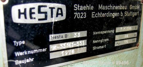 USED: Hesta blow molding machine, model B33. Approximate 33 mm screwdiameter, approximate clamp 180 mm x 225 mm, approximate 200-350pieces an hour cycle time. Driven by a 7.5 kw (10 hp), 3/50/380 vol...