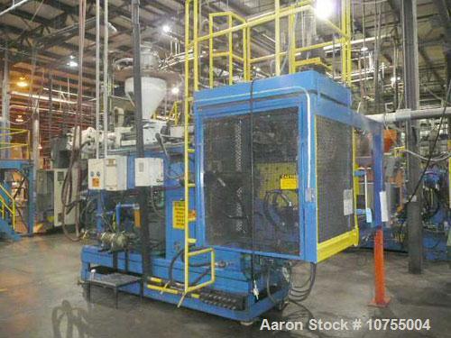 Unused-Used: Impco model B30-R180 twin head blow molding machine. 3.75" screw diameter, 20:1 L/D cantilevered clamp with 30"...