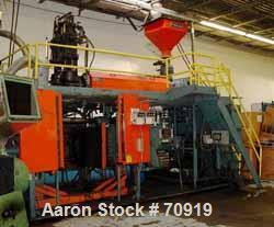 Used Sterling Blow Molding Machine, Model S20 S34 Dual Head, 8 lb shot capacity. Parison diameter is 10", 4-1/2" 24:1 L/D extruder with 150 HP DC drive, 48" x 36" platen size. 10" minimum daylight, 5...
