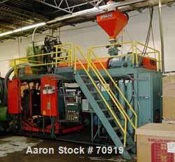 Used Sterling Blow Molding Machine, Model S20 S34 Dual Head, 8 lb shot capacity. Parison diameter is 10", 4-1/2" 24:1 L/D extruder with 150 HP DC drive, 48" x 36" platen size. 10" minimum daylight, 5...