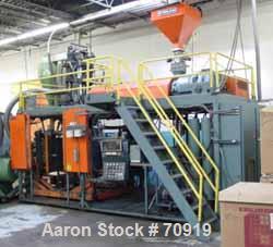Used Sterling Blow Molding Machine, Model S20 S34 Dual Head, 8 lb shot capacity. Parison diameter is 10", 4-1/2" 24:1 L/D extruder with 150 HP DC drive, 48" x 36" platen size. 10" minimum daylight, 5...