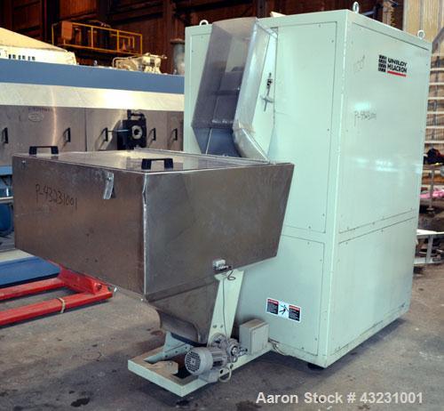 Used Uniloy Milacron Alkam Stretch Blow Molding Machine, Model BM-4. (4) Blow cavities/mould, 130mm distance between cavities. Unit includes an infeed system with a hopper, elevator, orienter, and in...