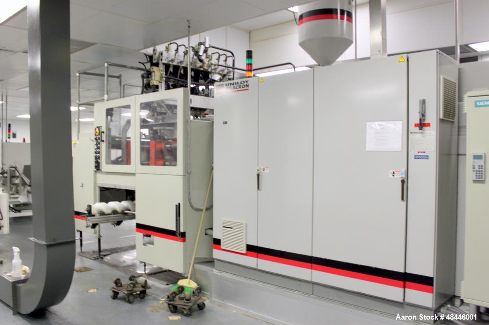 Used Uniloy Reciprocating Screw Intermittent Extrusion Blow Molding Machine, Model R2000.  80mm diameter reciprocating screw extruder, 24:1 L/D, 60 hp drive, Siemens AC variable drive with Siemens dr...