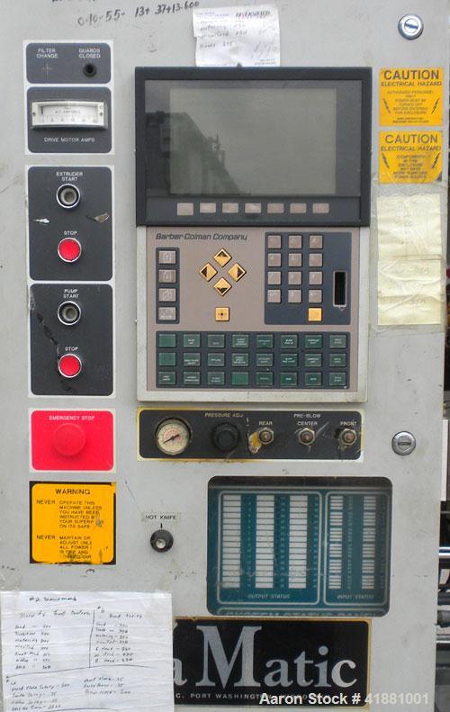 Used Jackson Machinery Triple Head VersaMatic Blow Molding Machine, Model 2165. Platen size 14-1/2" x 14-1/2", mold height 8.5’’ to 11’’. Maximum daylight 19.75", Clamp stroke 8.5". Head center 115MM...