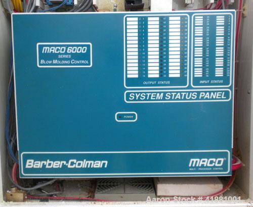 Used Jackson Machinery Triple Head VersaMatic Blow Molding Machine, Model 2165. Platen size 14-1/2" x 14-1/2", mold height 8.5’’ to 11’’. Maximum daylight 19.75", Clamp stroke 8.5". Head center 115MM...