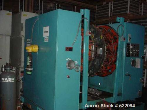 USED: Blow molding plant equipment including Wilmington 5 ton wheeltype blow molding machine, 12 stations with hydraulic clamp, DCdriven, traversing carriage, extended daylight platens, Barber Colema...