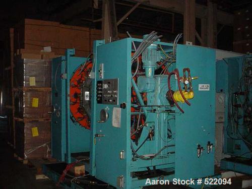 USED: Blow molding plant equipment including Wilmington 5 ton wheeltype blow molding machine, 12 stations with hydraulic clamp, DCdriven, traversing carriage, extended daylight platens, Barber Colema...