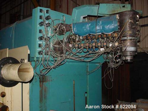 USED: Blow molding plant equipment including Wilmington 5 ton wheeltype blow molding machine, 12 stations with hydraulic clamp, DCdriven, traversing carriage, extended daylight platens, Barber Colema...