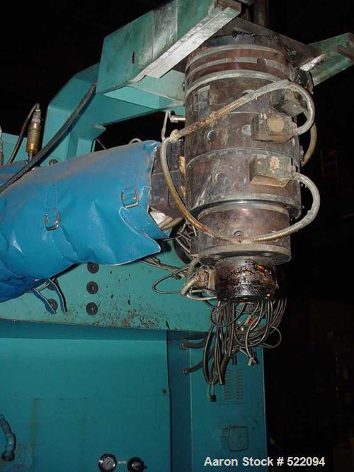 USED: Blow molding plant equipment including Wilmington 5 ton wheeltype blow molding machine, 12 stations with hydraulic clamp, DCdriven, traversing carriage, extended daylight platens, Barber Colema...