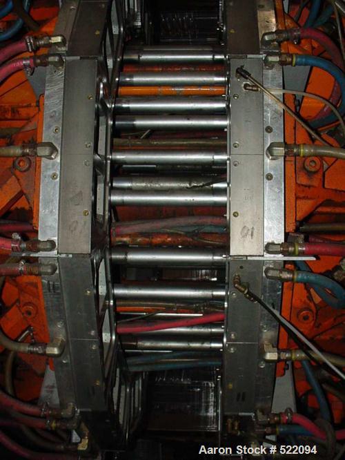USED: Blow molding plant equipment including Wilmington 5 ton wheeltype blow molding machine, 12 stations with hydraulic clamp, DCdriven, traversing carriage, extended daylight platens, Barber Colema...