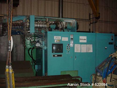 USED: Blow molding plant equipment including Wilmington 5 ton wheeltype blow molding machine, 12 stations with hydraulic clamp, DCdriven, traversing carriage, extended daylight platens, Barber Colema...