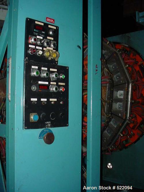 USED: Blow molding plant equipment including Wilmington 5 ton wheeltype blow molding machine, 12 stations with hydraulic clamp, DCdriven, traversing carriage, extended daylight platens, Barber Colema...