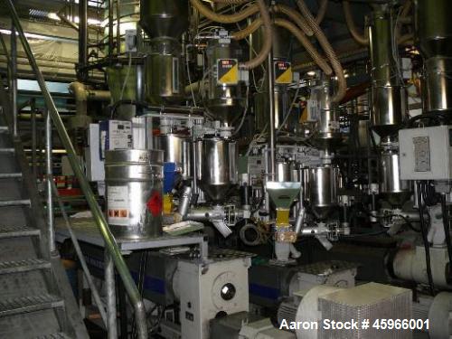 Used Battenfeld Co-extrusion 3-layer Blown Film Line, Model BFA PE. Ca. 661 lbs/h (300 kg/h) throughput. Consisting of: (1) Battenfeld extruder 3.54" (90 mm). (2) Battenfeld extruders 2.95" (75 mm). ...