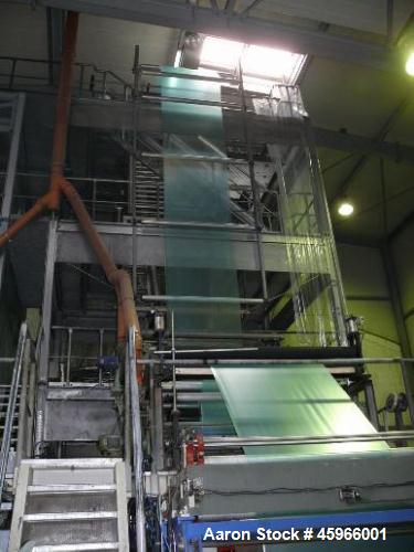Used Battenfeld Co-extrusion 3-layer Blown Film Line, Model BFA PE. Ca. 661 lbs/h (300 kg/h) throughput. Consisting of: (1) Battenfeld extruder 3.54" (90 mm). (2) Battenfeld extruders 2.95" (75 mm). ...