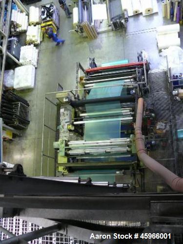 Used Battenfeld Co-extrusion 3-layer Blown Film Line, Model BFA PE. Ca. 661 lbs/h (300 kg/h) throughput. Consisting of: (1) Battenfeld extruder 3.54" (90 mm). (2) Battenfeld extruders 2.95" (75 mm). ...