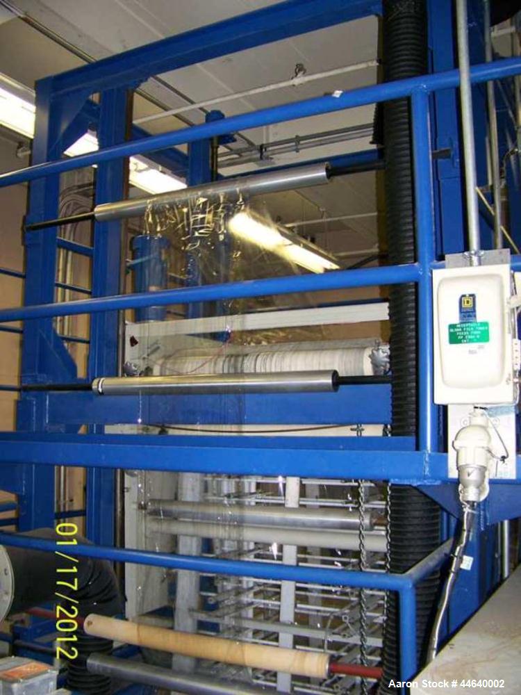 Used Battenfeld Three Layer Blown Film Line consisting of the following: 2" Battenfeld extruder, 30:1 L/D, electrically heated, water cooled, feed hopper with 50 hp DC motor with SCR controller, 2" B...