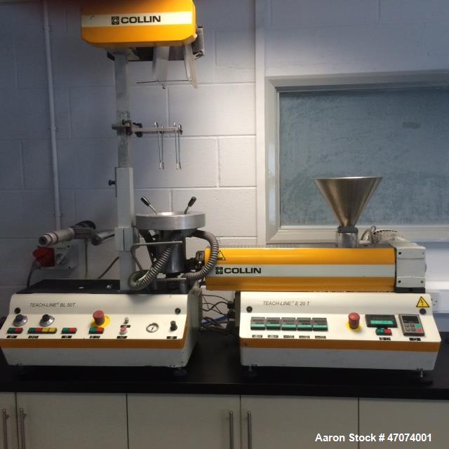 Used Dr. Colling lab size blown film line consisting of: (1) Dr. Collin lab size twin screw extruder, type Teach line E20T, 20:1 L/D. 0-160 RPM Screw speed. Electrically heated, air cooled. Driven by...