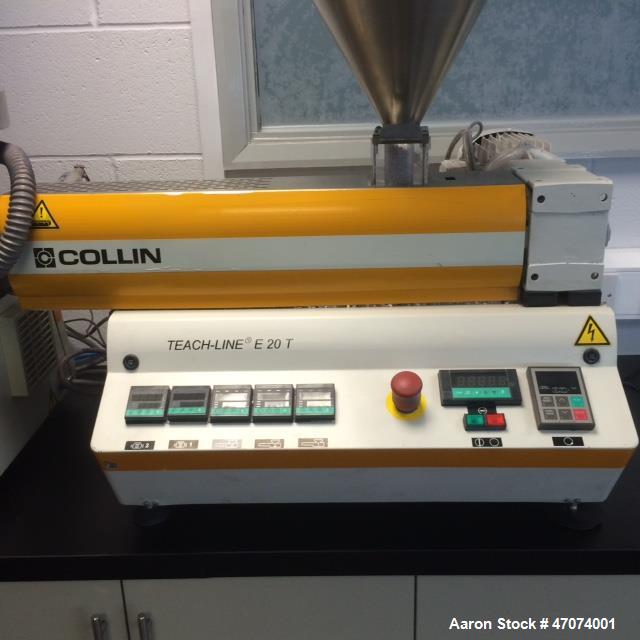 Used Dr. Colling lab size blown film line consisting of: (1) Dr. Collin lab size twin screw extruder, type Teach line E20T, 20:1 L/D. 0-160 RPM Screw speed. Electrically heated, air cooled. Driven by...