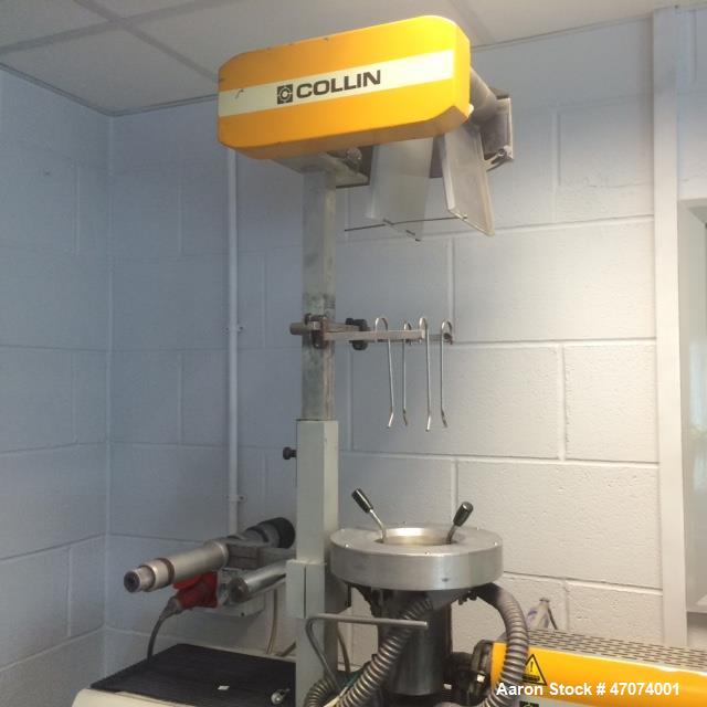 Used Dr. Colling lab size blown film line consisting of: (1) Dr. Collin lab size twin screw extruder, type Teach line E20T, 20:1 L/D. 0-160 RPM Screw speed. Electrically heated, air cooled. Driven by...