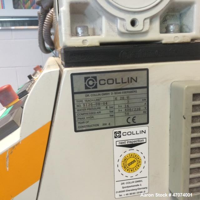 Used Dr. Colling lab size blown film line consisting of: (1) Dr. Collin lab size twin screw extruder, type Teach line E20T, 20:1 L/D. 0-160 RPM Screw speed. Electrically heated, air cooled. Driven by...