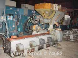 USED: GEC 144" blown film line consisting of: 4.5" GEC extruder, model244-001, S/N 244-1522-01, 24:1 L/D, 150 hp motor, with Safetronicsdrive, 11 zone control cabinet, 4 controllers missing, hydrauli...