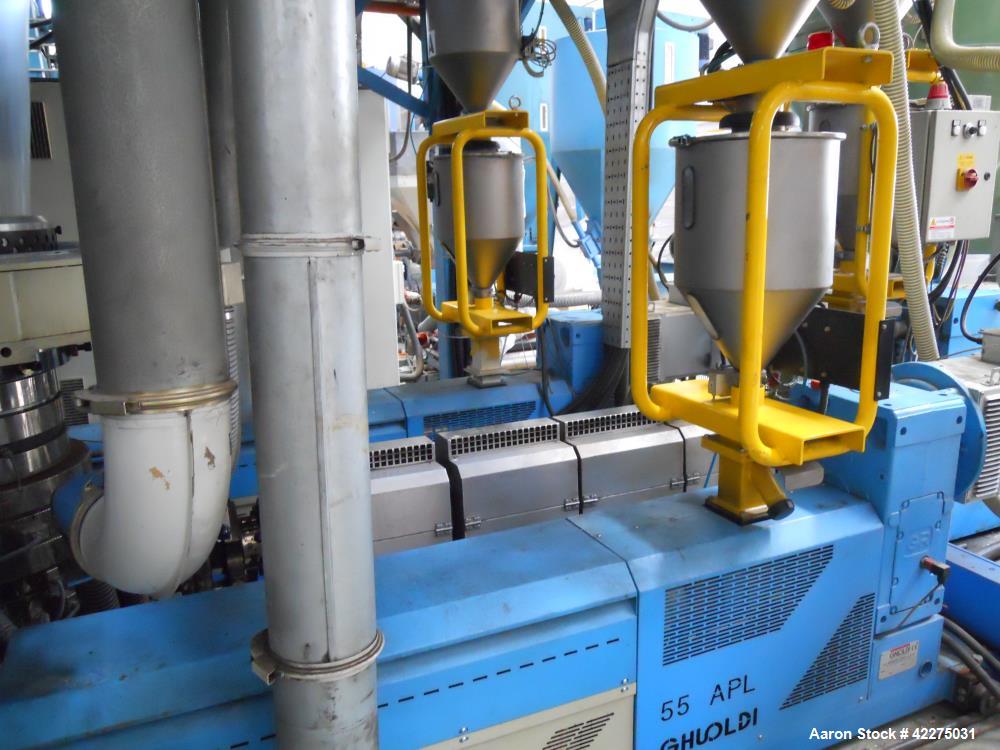 Used- Ghioldi Blown Film Co-Extrusion Line. Including: N. 2 extruders diameter mm.55, 78 kW 30 L/D N. 1 extruder diameter 75...