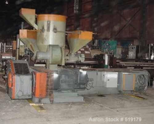 USED: Gloucester blown film extrusion line. 6" Gloucester air cooled extruder, 24:1 L/D ratio hopper, model 276001, 400 hp motor, Safetronics drive, 6" hydraulic screen changer with power pack, 13 zo...
