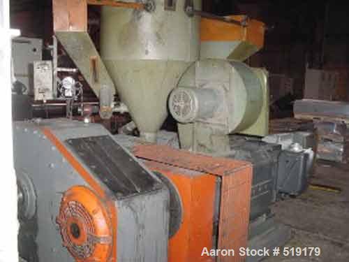 USED: Gloucester blown film extrusion line. 6" Gloucester air cooled extruder, 24:1 L/D ratio hopper, model 276001, 400 hp motor, Safetronics drive, 6" hydraulic screen changer with power pack, 13 zo...
