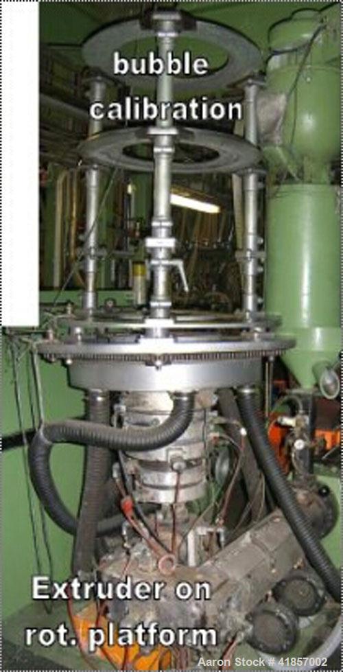 Used Kuhne Blown Film Plant. Extruder KD 1.3" (35 mm) diameter x 20 D, main motor drive power 14.4 hp (19.2 kW), capacity 66 lbs/hr, film thickness 0.0006" - 0.0031" (15 to 80 um), corona treatment, ...