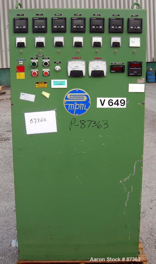 USED: MPM film extrusion system consisting of (1) MPM single screw extruder, 1-1/2" diameter screw. 3-1/4" x 3" feed opening with hopper. Gneub manually operated screen changer, driven by a 10 hp, 3/...