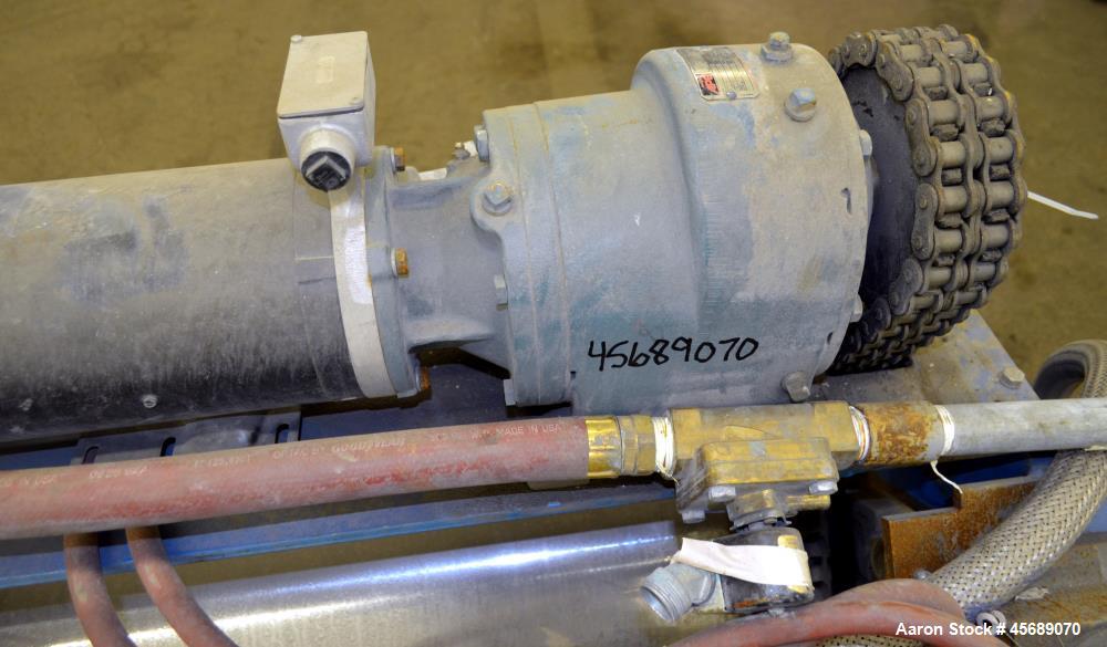 Used APV Chill Roll Stand. (2) Approximate 12" diameter x 32" wide chrome plated cored rolls. (1) Fixed, (1) manually adjustable. Driven by a 1.5hp, 180 volt, 1750 rpm DC gear motor, ratio 129.7 to 1...