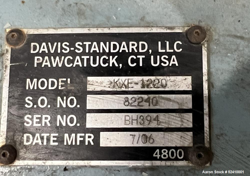 Used Davis Standard Cast Film Stand, Model KXE-1220. (2) 20" wide x 6" diameter feed rolls (1) chrome plated, (1) urethane. Driven by a .5hp 1750rpm motor, through reducer 30:1. (1) 20" wide x 4" dia...