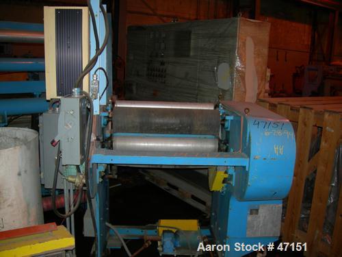 USED: Egan 12" dia x 28" face single roll cast unit. Double roll capable. Cored roll for cooling. With fractional hp drive vr Model 7000 adjustable frequency drive controllers, tensioning stand havin...
