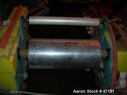 USED: Egan 12" dia x 28" face single roll cast unit. Double roll capable. Cored roll for cooling. With fractional hp drive vr Model 7000 adjustable frequency drive controllers, tensioning stand havin...