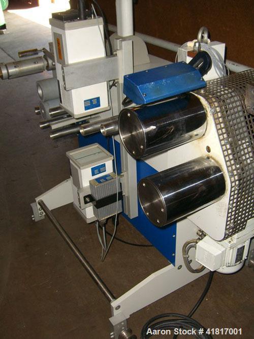 Used Haake Rheomex Lab Cast Film Line with OCS film analyzer. (1) 3/4" Haake lab extruder, 24:1 L/D ratio, model 27-13-100. 6 Eurotherm 2132 temperature controls, Dynisco pressure transducer, 6" adju...