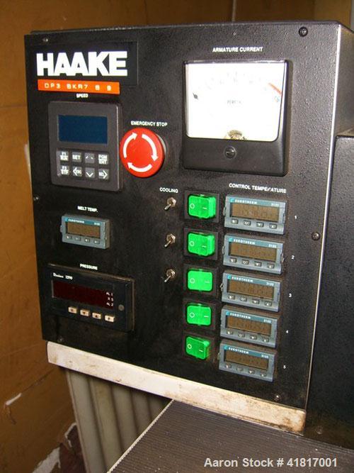 Used Haake Rheomex Lab Cast Film Line with OCS film analyzer. (1) 3/4" Haake lab extruder, 24:1 L/D ratio, model 27-13-100. 6 Eurotherm 2132 temperature controls, Dynisco pressure transducer, 6" adju...