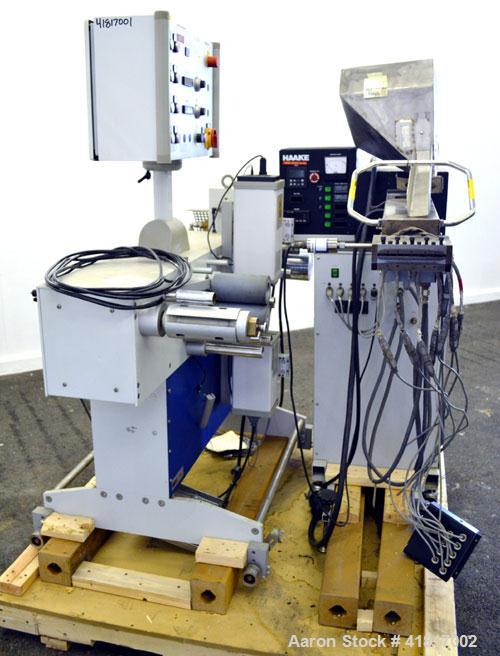 Used Haake Rheomex 252 Lab Cast Film Line Consisting of: (1) 3/4" Diameter Haake single screw lab extruder, approxmimate 24 to 1 L/D ratio, model  27-13-100. (2) Eurotherm 2132 temperature controls, ...