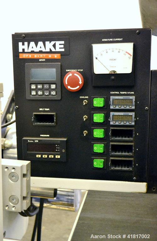 Used Haake Rheomex 252 Lab Cast Film Line Consisting of: (1) 3/4" Diameter Haake single screw lab extruder, approxmimate 24 to 1 L/D ratio, model  27-13-100. (2) Eurotherm 2132 temperature controls, ...