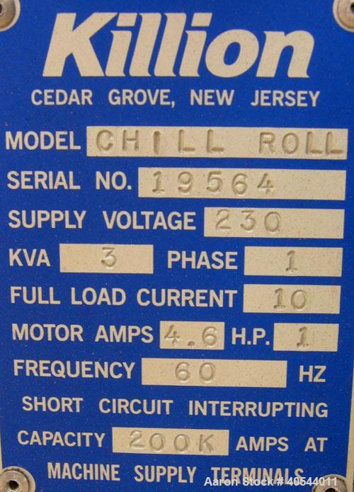 Used Killion Single Roll Cast Film Station. Chrome plated cored roll 8" diameter x 8" wide. Includes (1) 5" diameter x 8" wide rubber roll, (1) 5" diameter x 8" wide chrome plated roll. All rolls are...