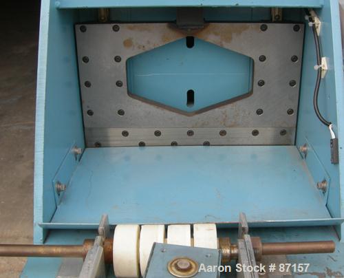 Used Killion 12" Wide Cast Film Take Off. (1) 8" diameter x 12" wide chrome plated cored roll. (2) 5" diameter x 12" wide pull rolls, (1) rubber, (1) metal, pneumatically adjustable, all driven by a ...