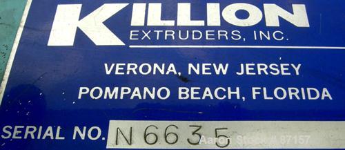 Used Killion 12" Wide Cast Film Take Off. (1) 8" diameter x 12" wide chrome plated cored roll. (2) 5" diameter x 12" wide pull rolls, (1) rubber, (1) metal, pneumatically adjustable, all driven by a ...
