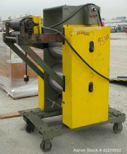 Used 15" Wide Cast Film Roll Stand. (2) 15" wide x 12" diameter chrome plated rolls. (2) 4" diameter x 12" wide rubber pull rolls, driven by a 1/2 hp, 3/60/230/460 volt, 50-1600 rpm motor. Mounted on...